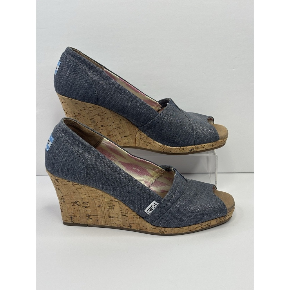 Toms‎ Women Size 9.5 Blue Denim Silver Fabric Cork High Heel Wedge Peep Toe Shoe